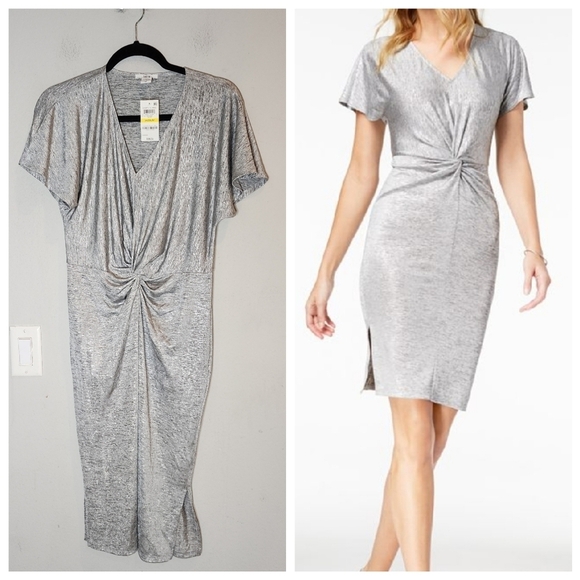 NWT BAR III Twist-Front Silver Metallic Stretchy Dress. Women's size medium - Picture 1 of 17